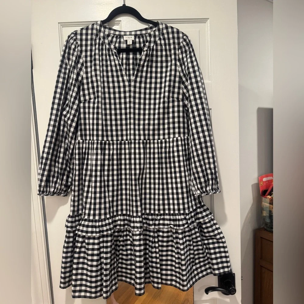 J.Crew Black & White Gingham Tiered Midi Dress | Size M | V-Neck Bishop Sleeves - Picture 1 of 4
